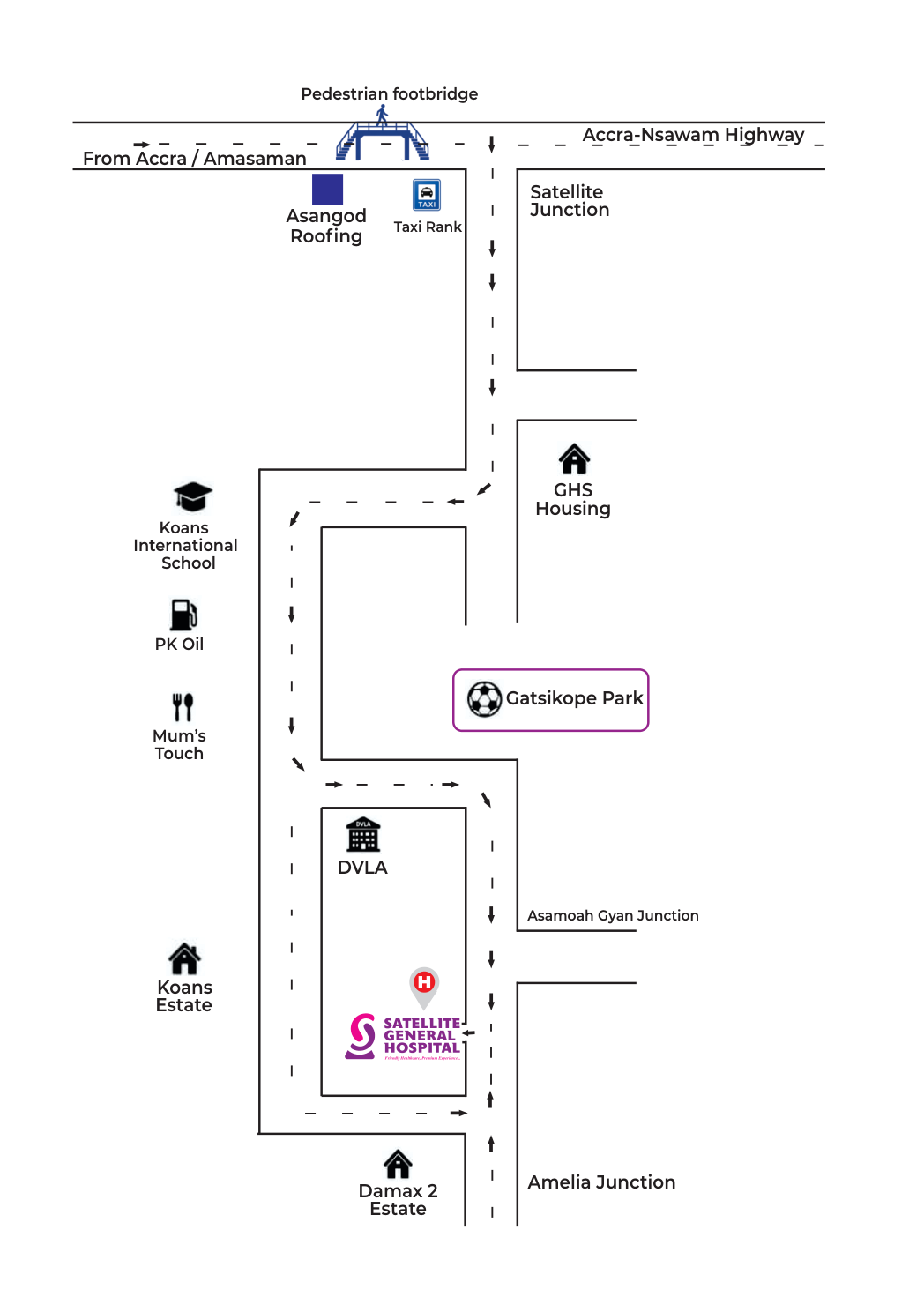 Landmark map showing the route from the Accra–Nsawam Highway and Satellite Junction to Satellite General Hospital near Damax 2 Estate