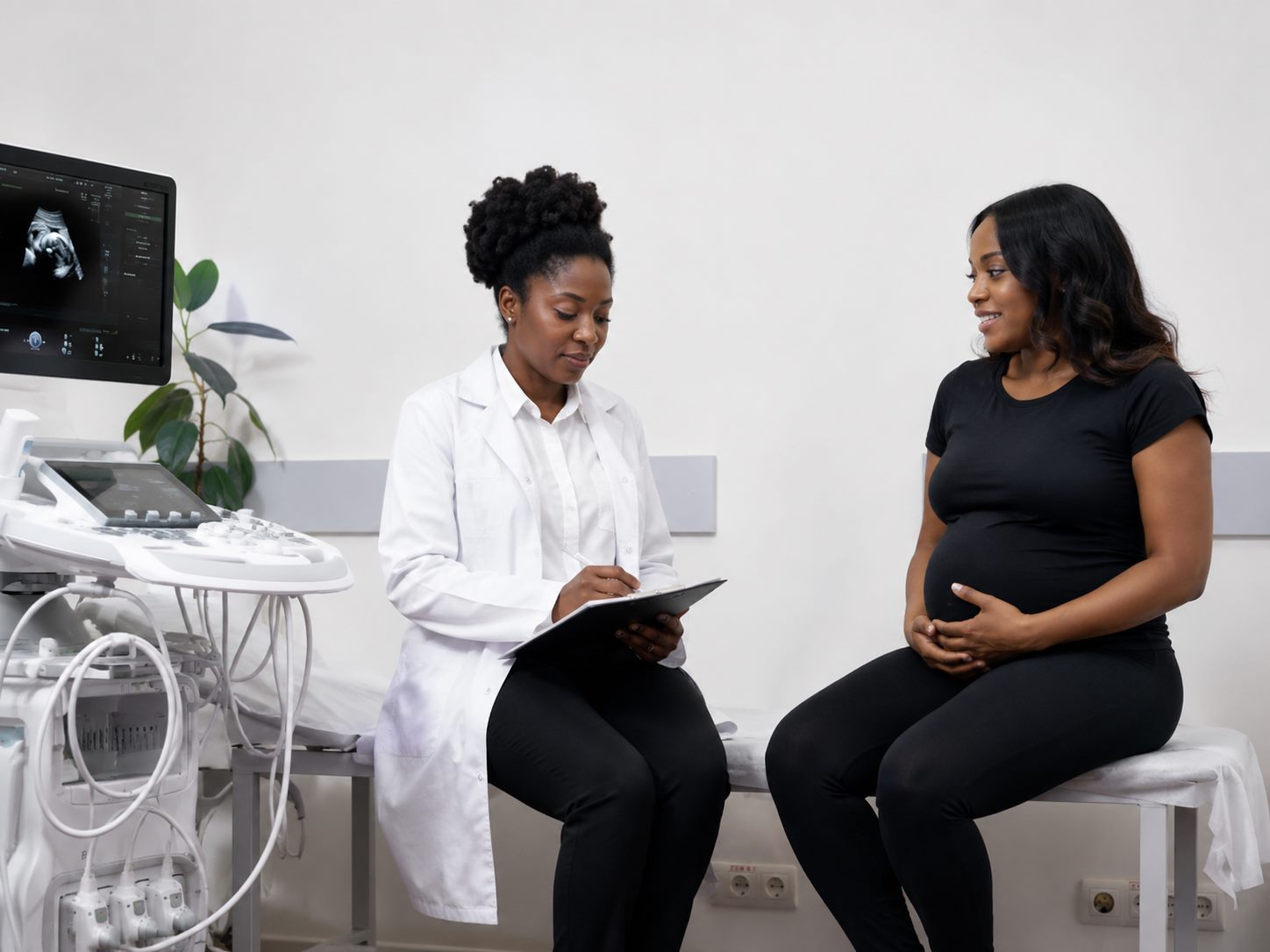 Healthcare professional discussing antenatal care with a pregnant patient